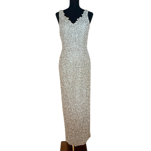 Vintage Scala Silver Hand Beaded 100% Silk Formal Dress Gown - Picture 2 of 16